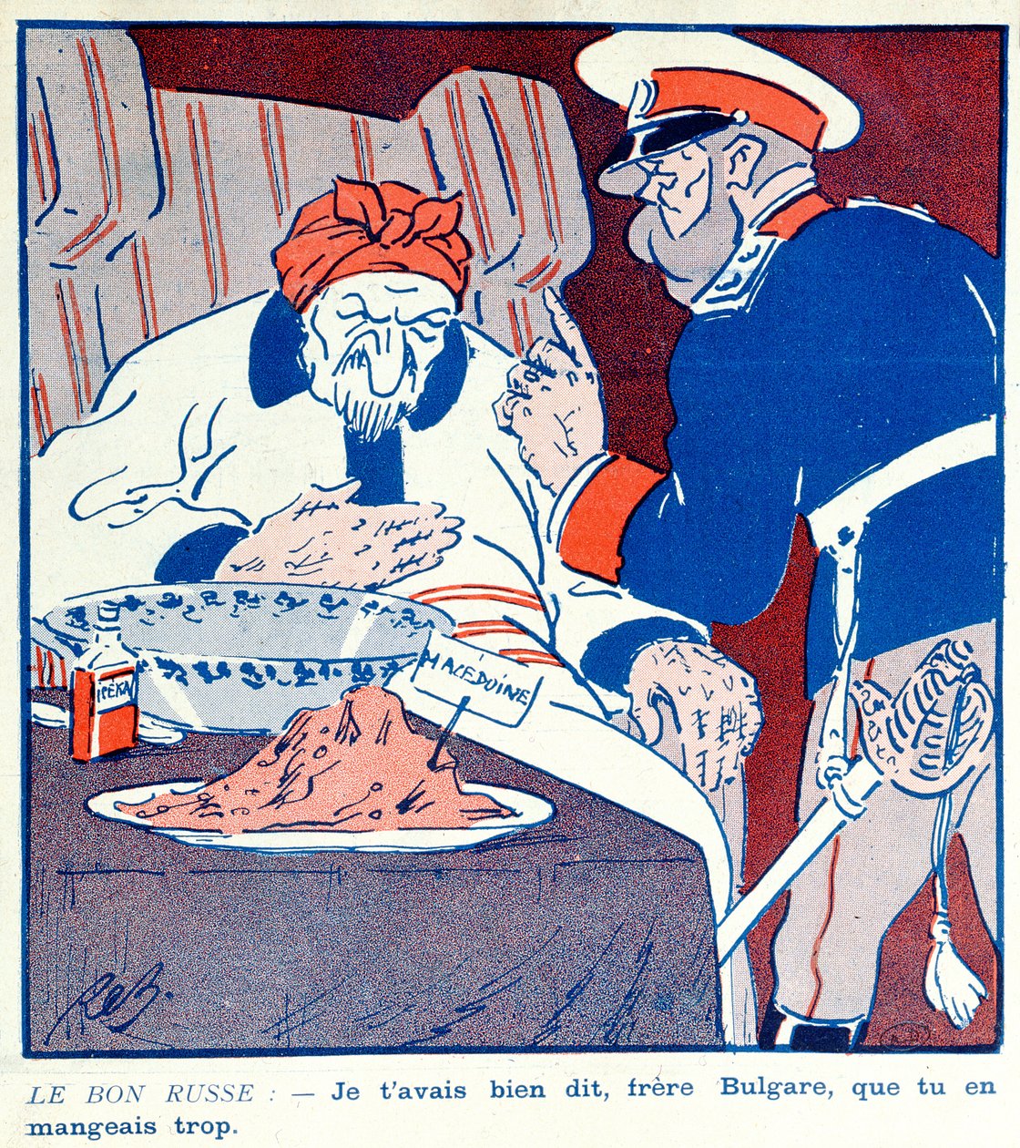 Karikatura kritizující chamtivé chování Bulharska v souvislosti s rozdělením Makedonie během balkánských válek v letech 1912-13. od French School