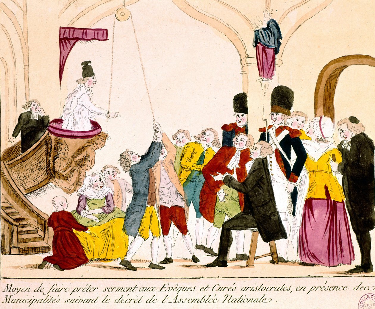 Kreslený film zobrazující francouzské aristokraty a duchovenstvo skládající přísahu věrnosti republice (barevná rytina) od French School