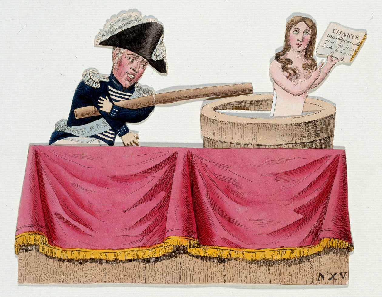 Kreslený film zobrazující krále Karla X. (1757-1836) v podobě guignolů popírajících ústavní listinu v době, kdy král v červenci 1830 zrušil svobodu tisku (nařízení Svatého oblaku). Rytina kolem roku 1830. Paříž, Musee Carnavalet od French School