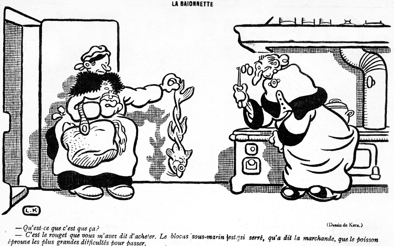 Karikatura zobrazující katastrofální dopad ponorkové blokády na rybu koupenou na francouzském trhu, z aprílového vydání časopisu La Baionette, 29. března 1917. od French School