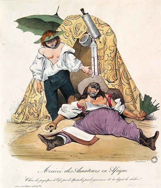 Karikatura zesměšňující francouzské umělce v Alžírsku, cca 1830 (barevná litografie) od French School
