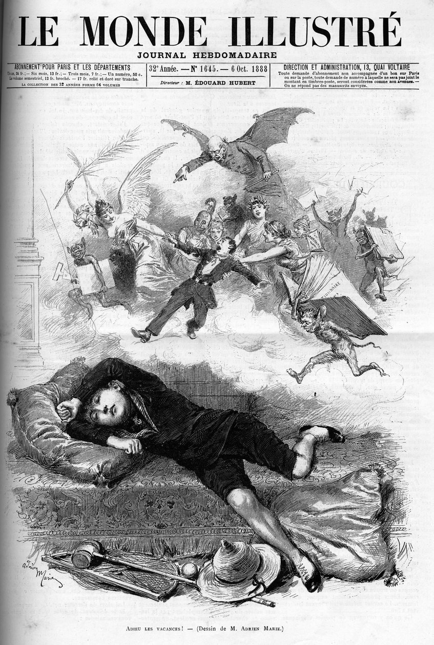 Karikatura mladého školáka kárajícího od konce prázdnin, které se blíží k pronájmu třídy v roce 1888. od French School