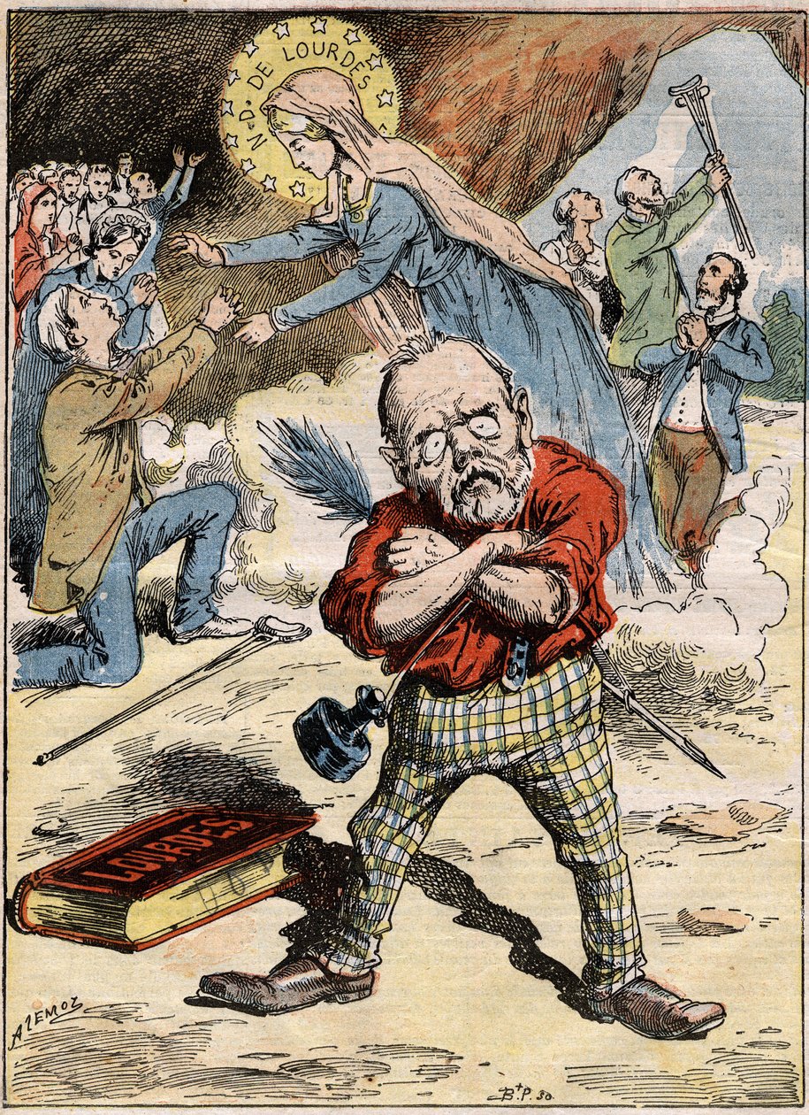 Karikatura spisovatele Emila Zoly (1840-1902), který je zmatený z oddanosti věřících v Lurdech, navzdory jeho kritice tématu vyjádřené v jeho románu „Lourdes“. Rytina v „“Le Pelerin““ z 30. srpna od French School