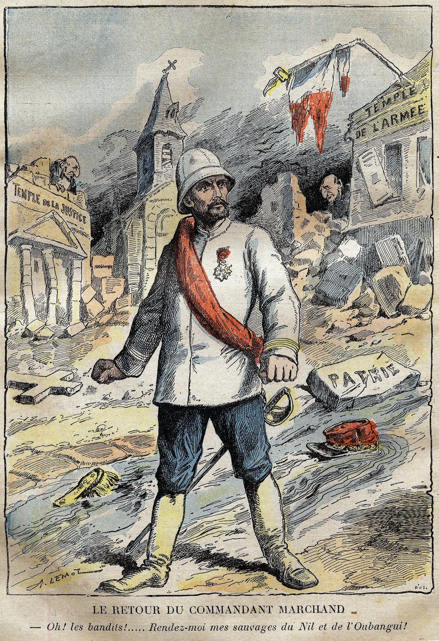 Karikatura o veliteli Jean-Baptiste (Jean Baptiste) Marchandovi (1863-1934), v Toulonu, vracející se z průzkumné mise (1896-1899) v Africe. Rytina v “” Le Pelerin”” 4/06/1899. od French School