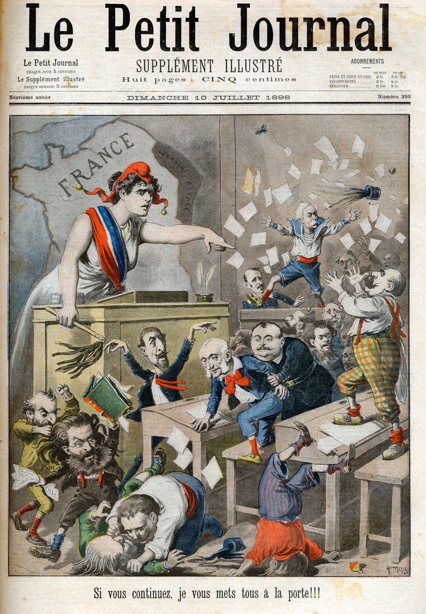 Karikatura na objednávku Poslanecké sněmovny - Le petit Journal, červenec 1898. - Marianne a politická třída. V centru, Paul Deroulede (1846-1914), Jules Meline (1838-1925), Edouard Drumont (1844-1917) - Pokud budete pokračovat, dám vás všechny na d od French School