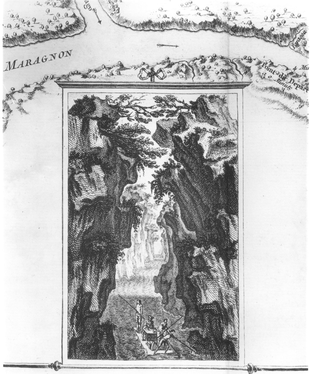 Kartuše zobrazující La Condamine na voru na Amazonce, na mapě Carte du detroit s názvem Pongo de Manseriche v Maragnon nebo řece Amazonky, ilustrace z Histoire de lAcadem od French School