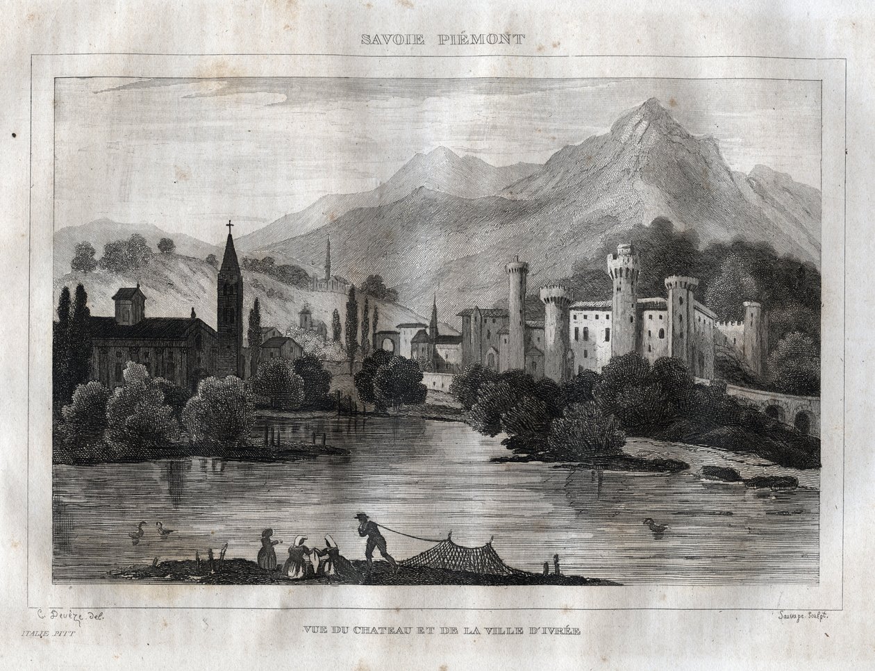Zámek Ivrea - Castello di Ivrea - rytina z “” Malebné Itálie”” od M. de Norvinse, Ch. Nodier 1834-1836. od French School