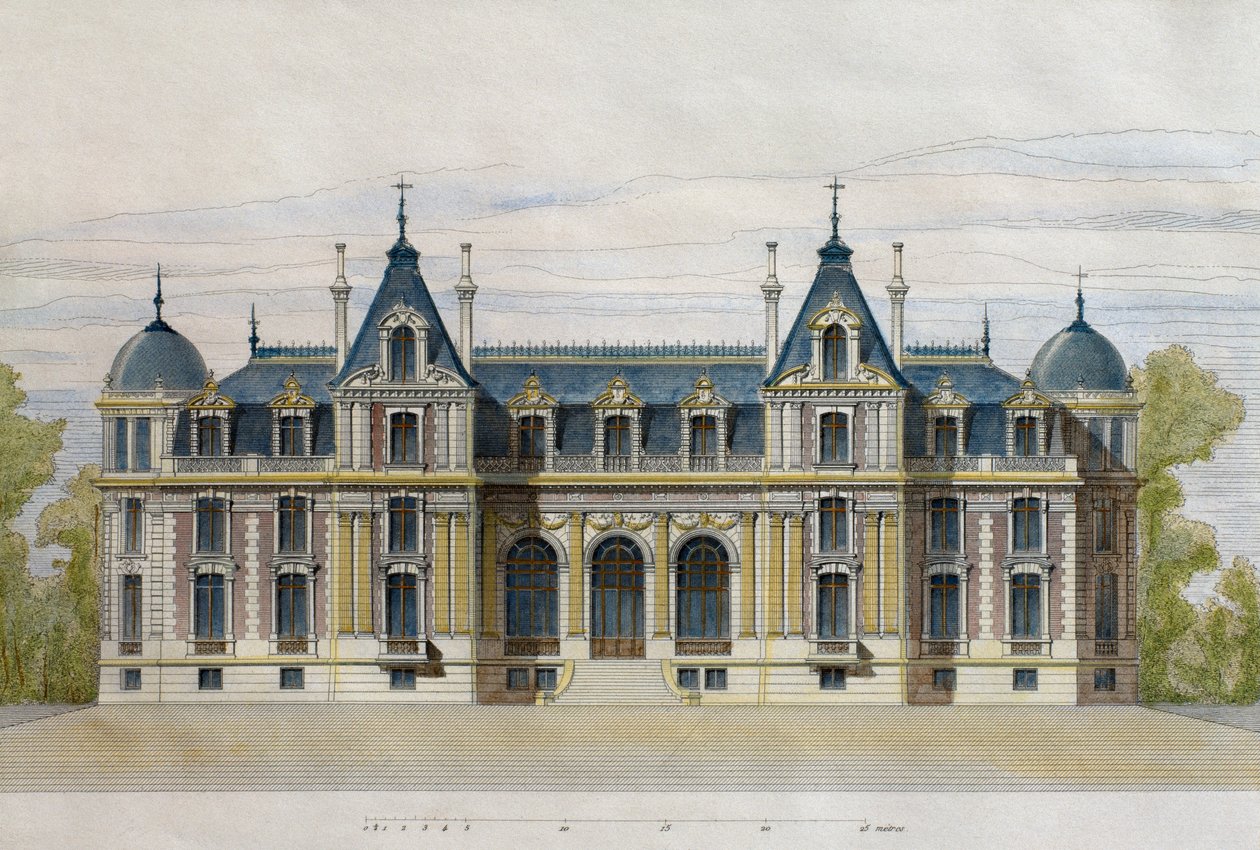Zámek Neuflize patřící bratřím Pate, zahradní fasáda, ilustrace z Le Moniteur des architectes, 1884, rytina F. Penela (barevná rytina) od French School