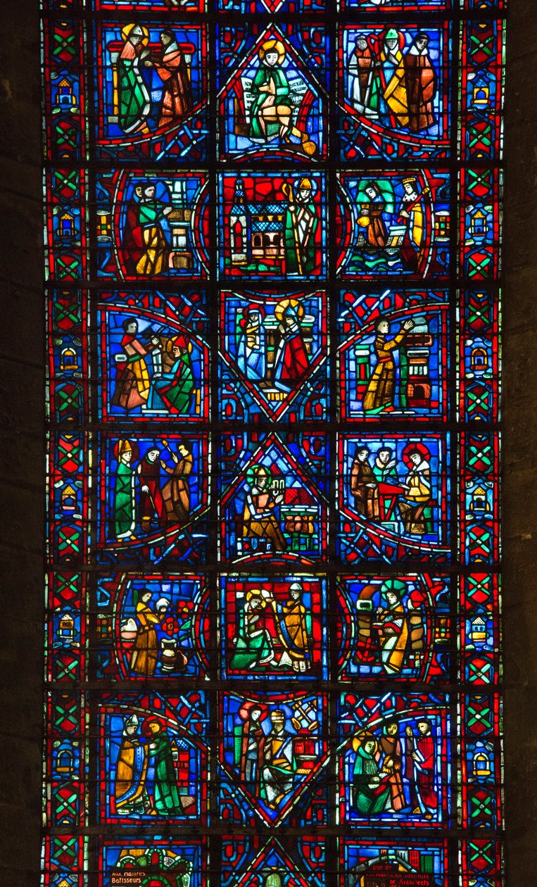 Katedrála v Chartres, vitráže: život svatého Fulberta, předvečer Chartres v detailu XI století od French School