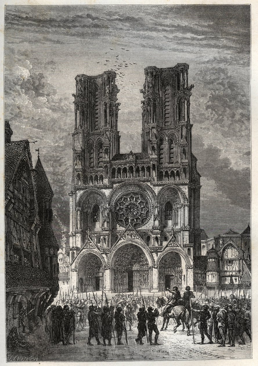 Cathedrale Notre-Dame (Notre Dame) de Laon (1150-1180), Aisne - laonská katedrála - rytina z „“Historie Francie vyprávěná mým vnoučatům““ – od Francoise Guizota – 1872-1876 od French School