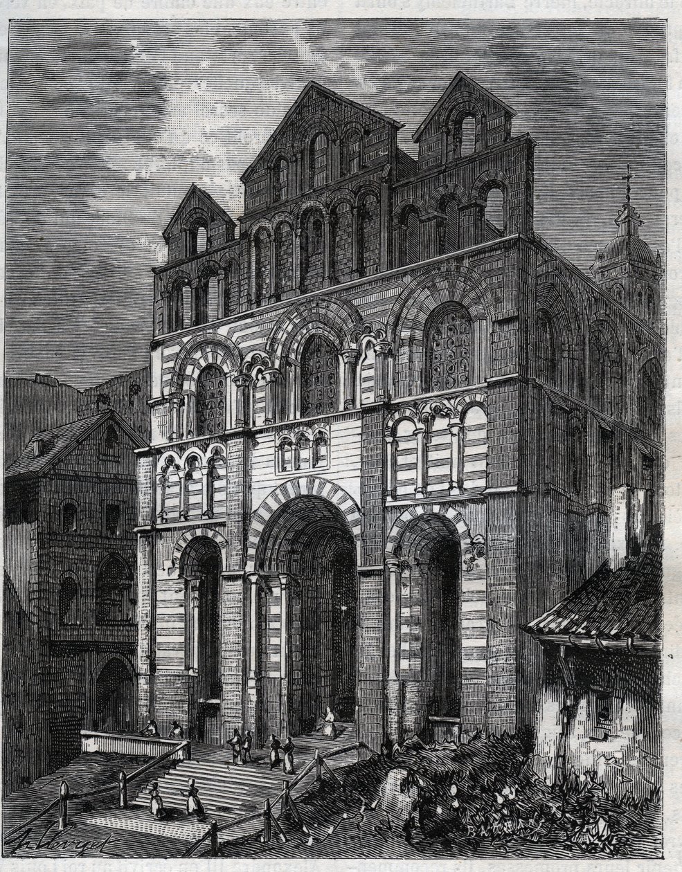 Katedrála Panny Marie Zvěstování v Puy en Velay (Puy-en-Velay) - rytina v „La France illustrée: geografie, historie, statistická správa“ od V.-A. Sladově hnědá. 1884 od French School