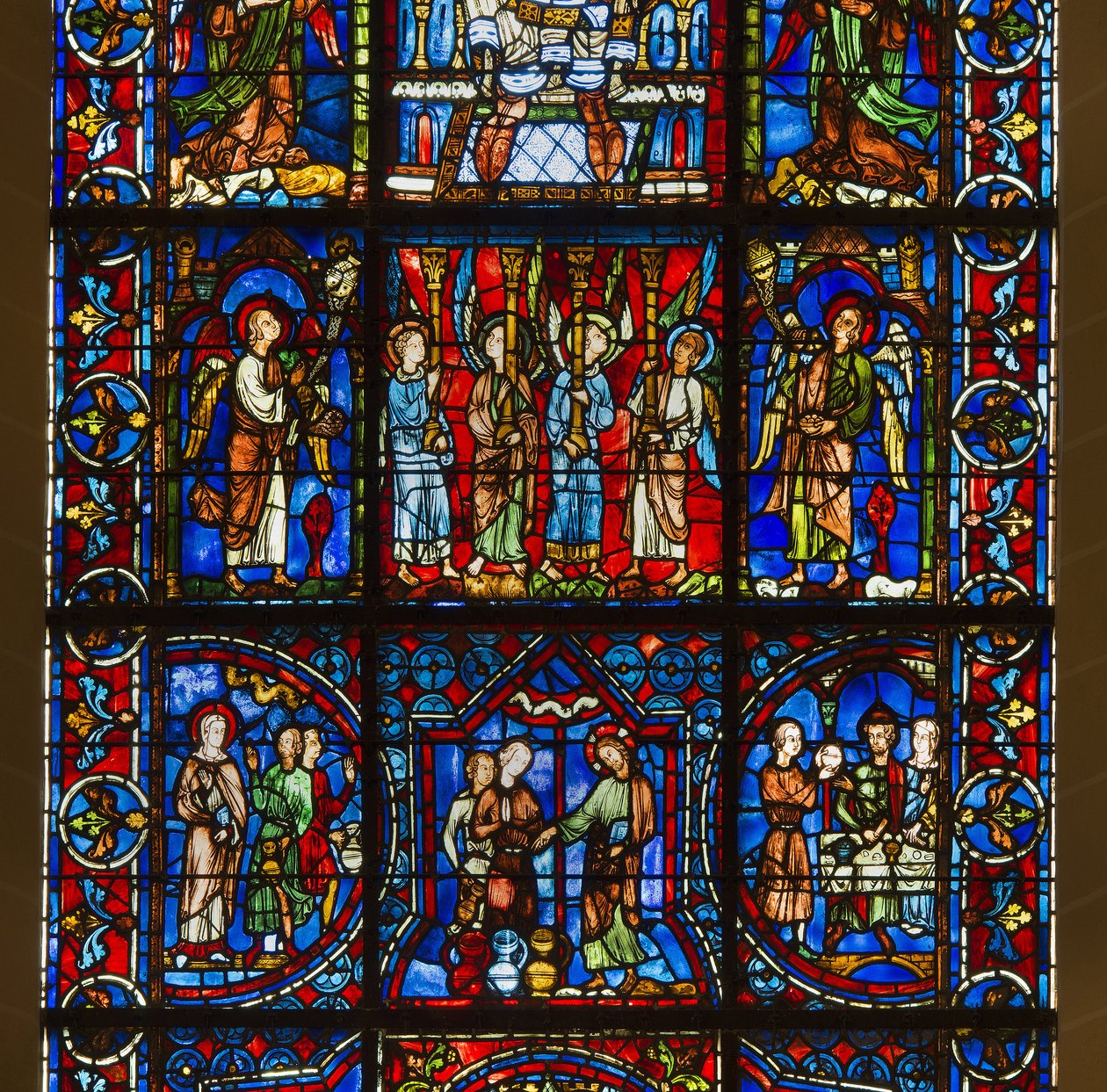 Cathedrale de Chartres, vitráže: naše dáma z krásného skla s centrem veřejného života Krista od French School