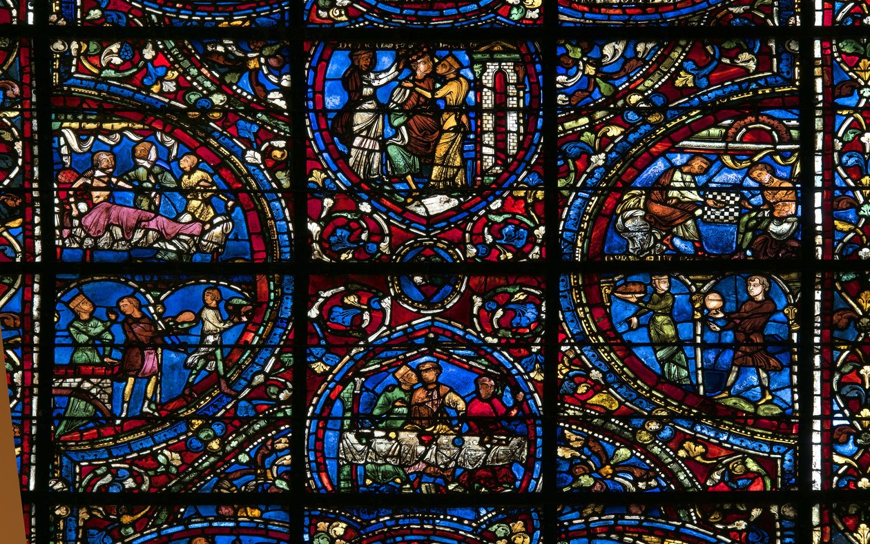 Cathedrale de Chartres, barevné sklo: podobenství o detailech marnotratného syna od French School