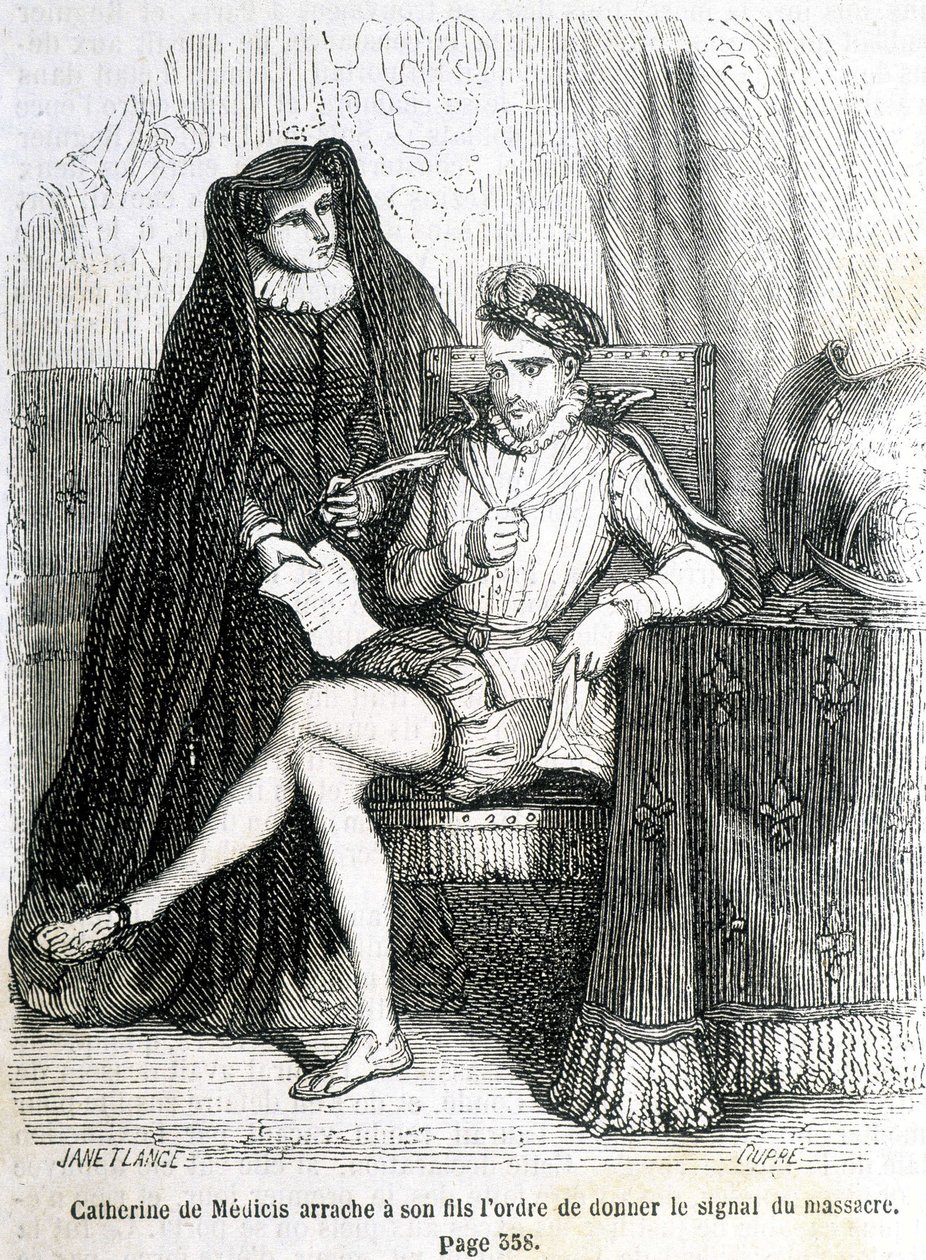 Kateřina de Medici (Caterina de Medici) slzí od svého syna (Karel IX.) příkaz dát znamení masakru svatého Bartoloměje v roce 1572 - v „Histoire de France“ od L.-P. Anquetil od French School