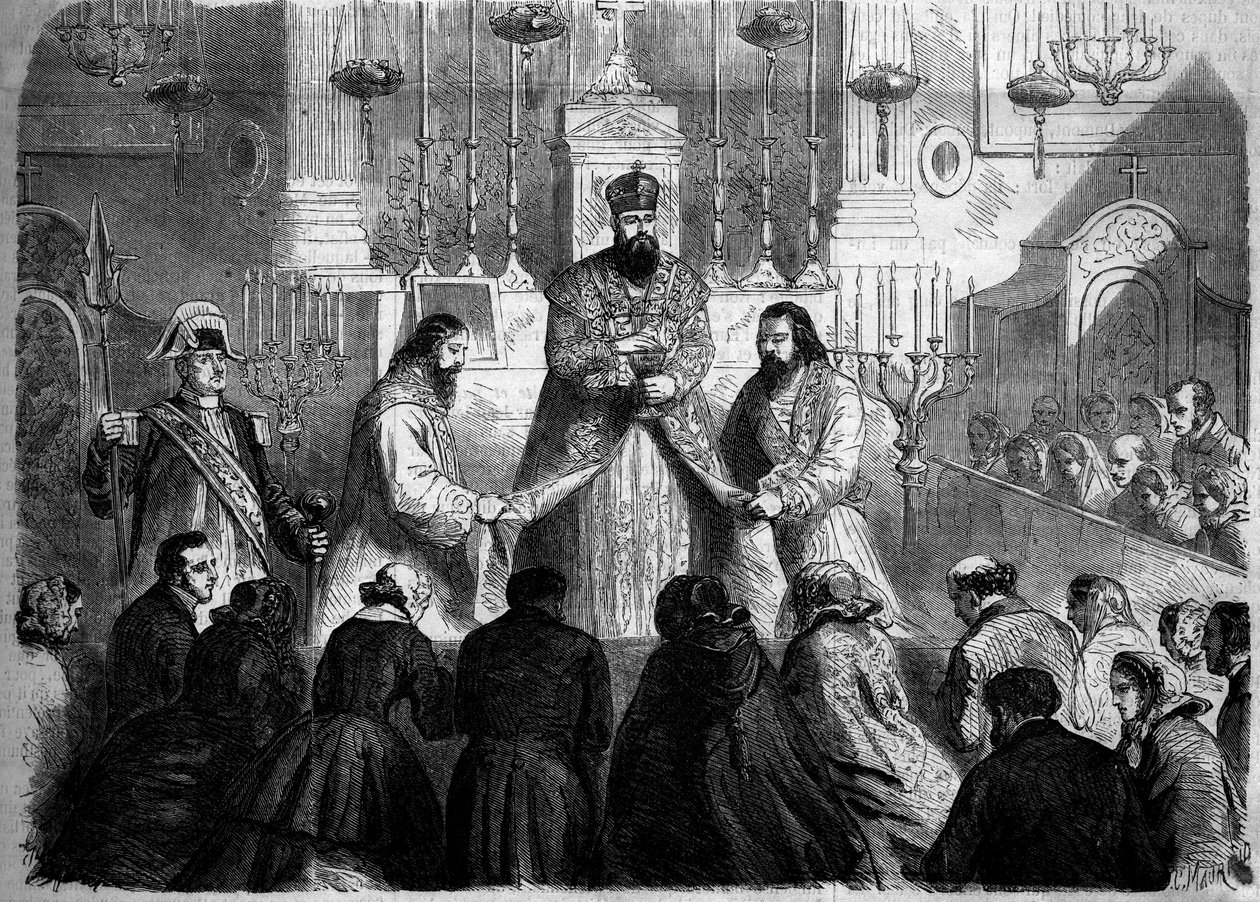 Katolický obřad - mše - 26. ledna 1860: Celebree mše podle arménského obřadu představeným mechitaristů v kostele Notre Dame des Victoires v Paříži. Rytina v „“ Le Monde Illustré““ č. 147 ze 4. února 1860. od French School