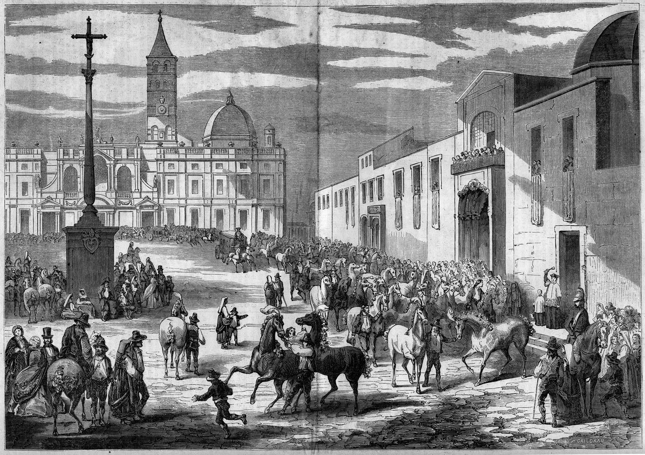 Katolický svátek - Svatý Antonín: žehnání koní na náměstí kostela Saint Mary Maggiore (Santa Maria Maggiore), Řím, Itálie, leden 1859. Před kostelem žulový sloup zakončený křížem (1595) připomínající konverze Jindřicha od French School