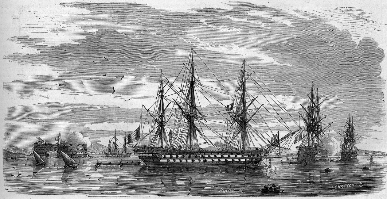 Katolická slavnost: Velký pátek (Svatý pátek) v Toulonu (Var, 83) v roce 1858. Lodě mají své tyče zkřížené a jejich vlajky s polovičními táhly na znamení smutku. Rytina v „“ Le Monde Illustré““ č. 53 ze 17. dubna 1858. od French School