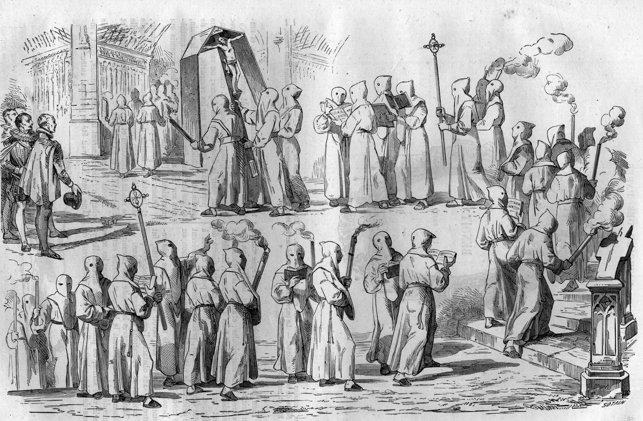 Katolická zábava a pověry. Procesí kajícníků při útoku na Řím císařem Othonem I. Velikým (912-973). Rytina v „Histoire des Papes-Rois-Queen and Empereurs a travers les století“ od Maurice Lachatre od French School