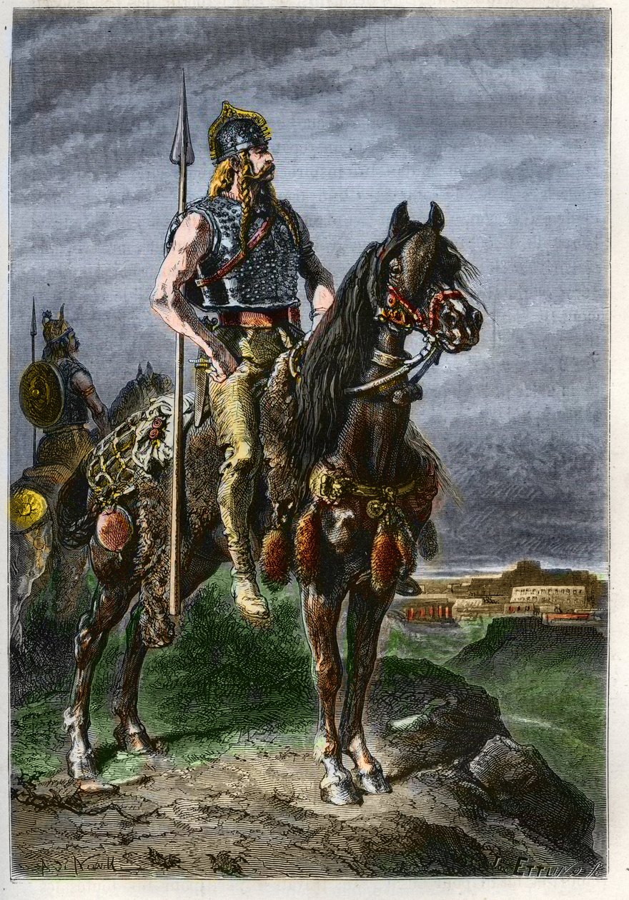 Cavalier Gaulois – Galové na koních ve starověké římské říši – rytina z „“ Historie Francie vyprávěná mým vnoučatům“ – od Francoise Guizota – 1872-1876 od French School