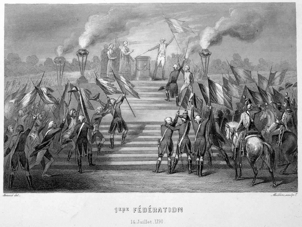 Oslava 1. národní federace dne 14. července 1790 na Oltáři vlasti v Champs-de-Mars, u příležitosti 1. výročí dobytí Bastily - ve „Fasttes de Gardes nationales de France““ od French School