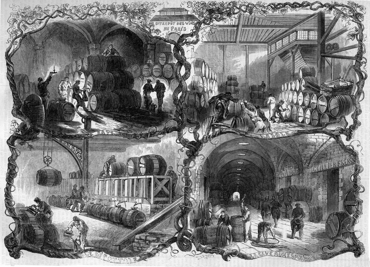 Sklepy skladu vín a lihovin (eaux-de-vie) v Paříži; 1858. Rytina v „“ Le Monde Illustré““ č. 46 z 27. února 1858. od French School
