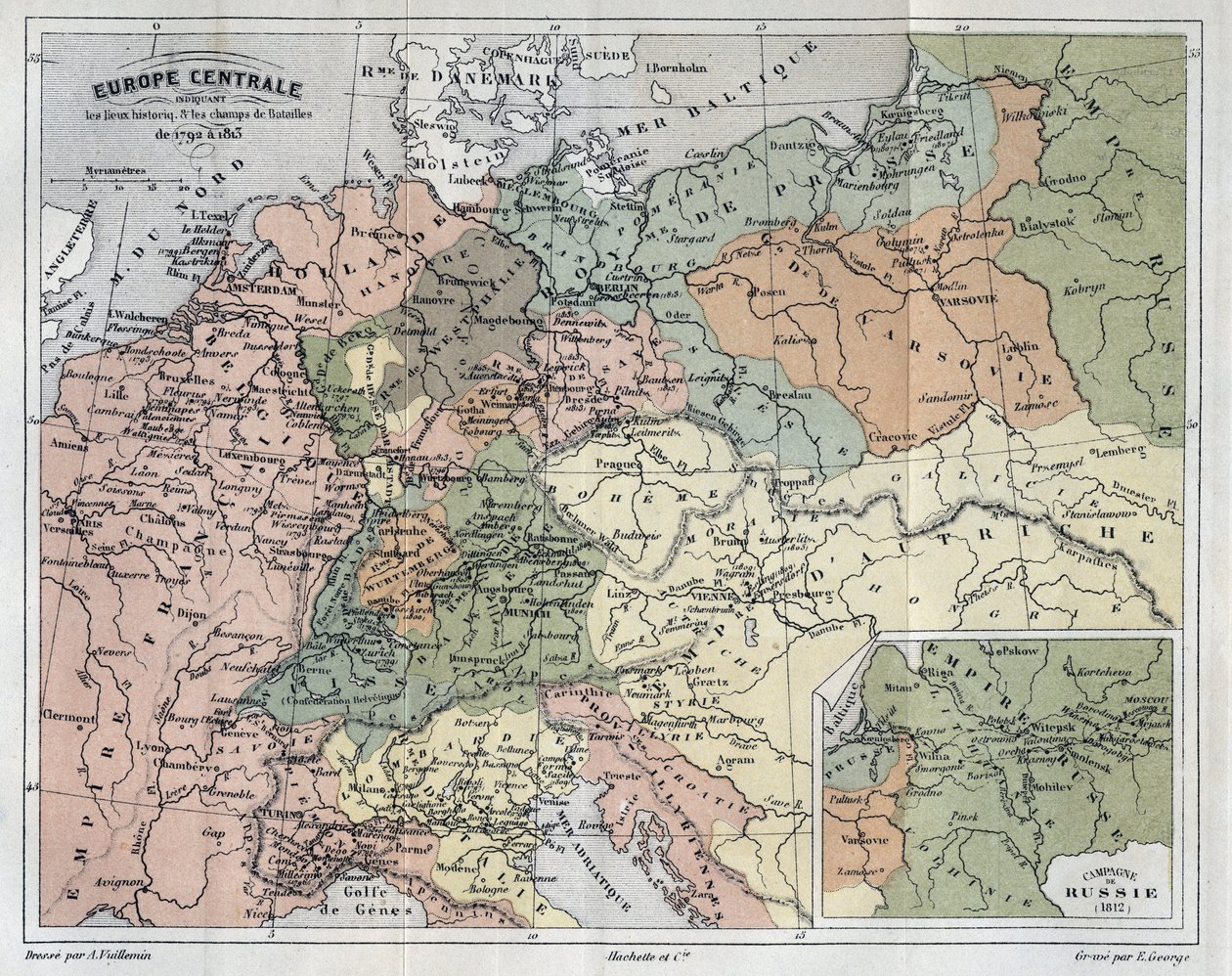 Střední Evropa zobrazující historická místa a bojiště z let 1792-1813 - Střední Evropa zobrazující historická místa a bojiště z let 1792 až 1813 - rytina „Histoire de France“ od Victora Duruye (1811-1894) - 1882 od French School