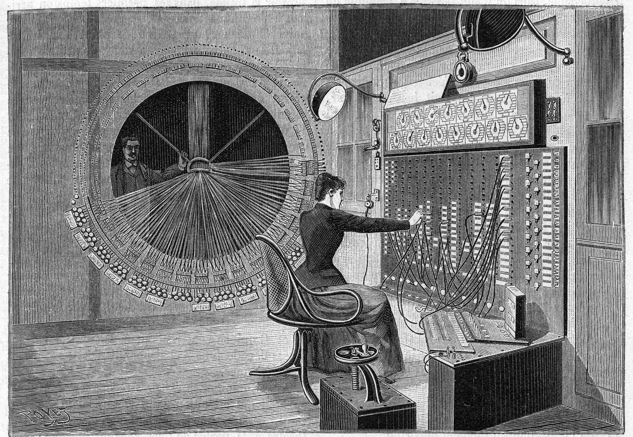 Central Office of theatrophone (konkurzy domácího kina) v Paříži v roce 1892. od French School
