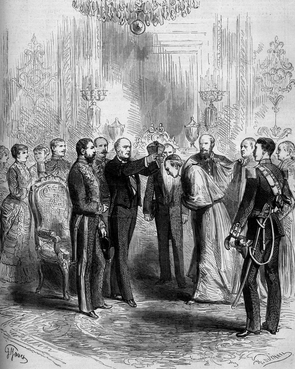 Ceremoniál předání kardinálských insignií: Pier Francesco Meglia (1810-1883) obdržel kardinálův červený kabát a Jules Grevy (1807-1891) mu na hlavu nasadil kardinálskou baretu. Paříž, Palais de l