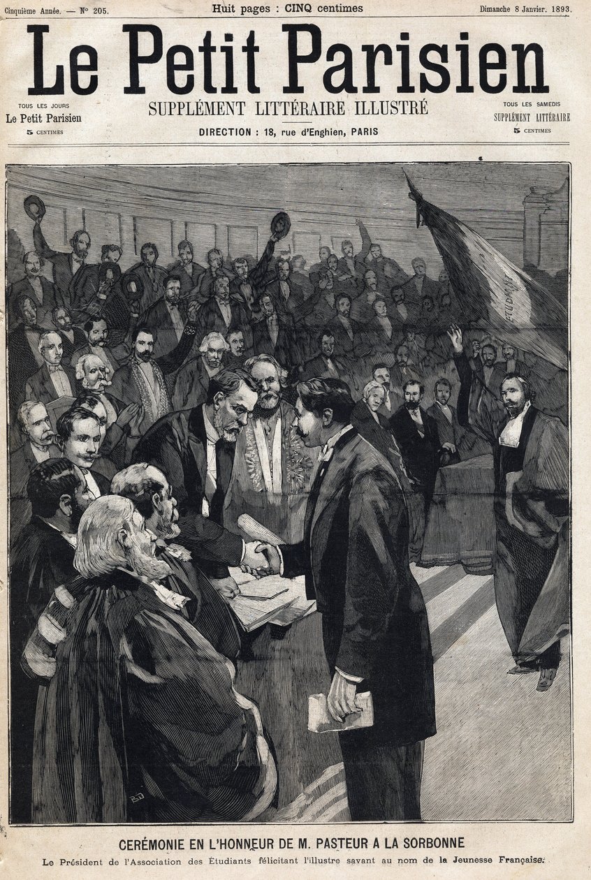 Ceremonie na počest vědce Louise Pasteura (1822-1895) na Sorbonně k oslavě jeho narozenin. Jeden z novin „Le Petit Parisien““ dne 8.1.1893 (rytina) od French School