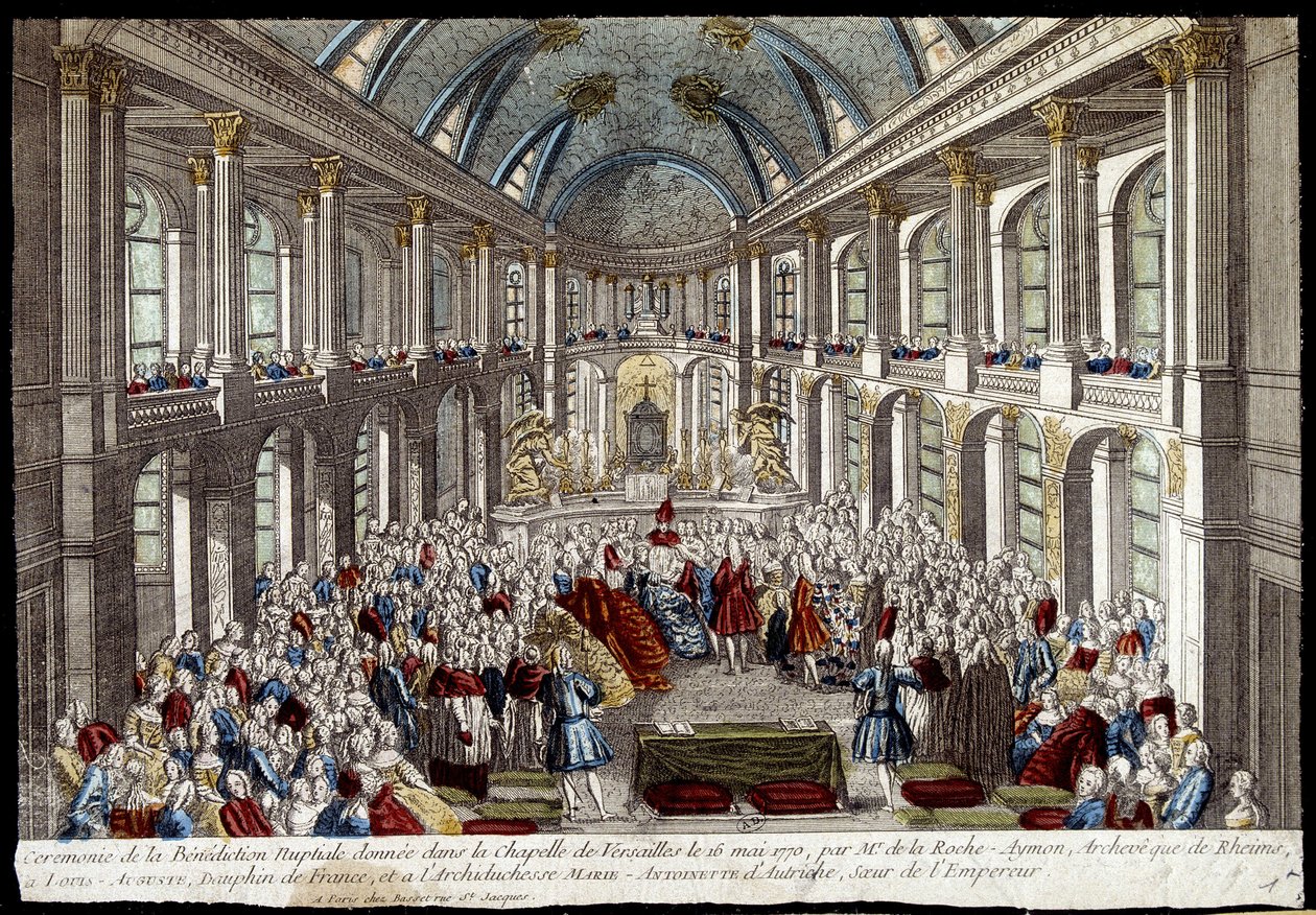 Obřad svatebního požehnání, které udělili ve Versailleské kapli 16. května 1770 Louis Auguste, delfín z Francie (Louis XVI.), a Marie Antoinetta z Rakouska - rytina od French School