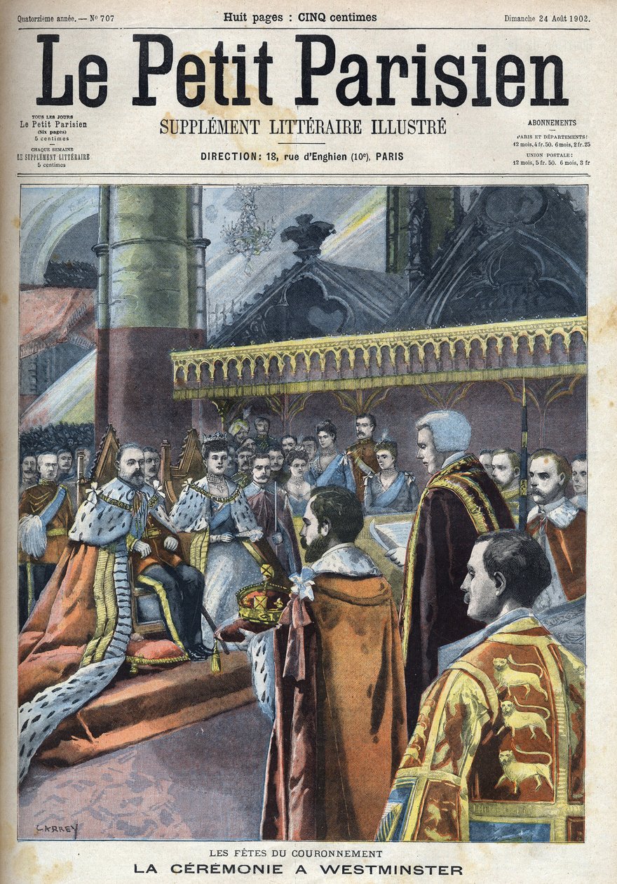 Ceremoniál korunovace ve Westminsteru: Král Edward VII (1841-1910) a Alexandra Dánská (1844-1925), v „Le petit Parisien““ od French School