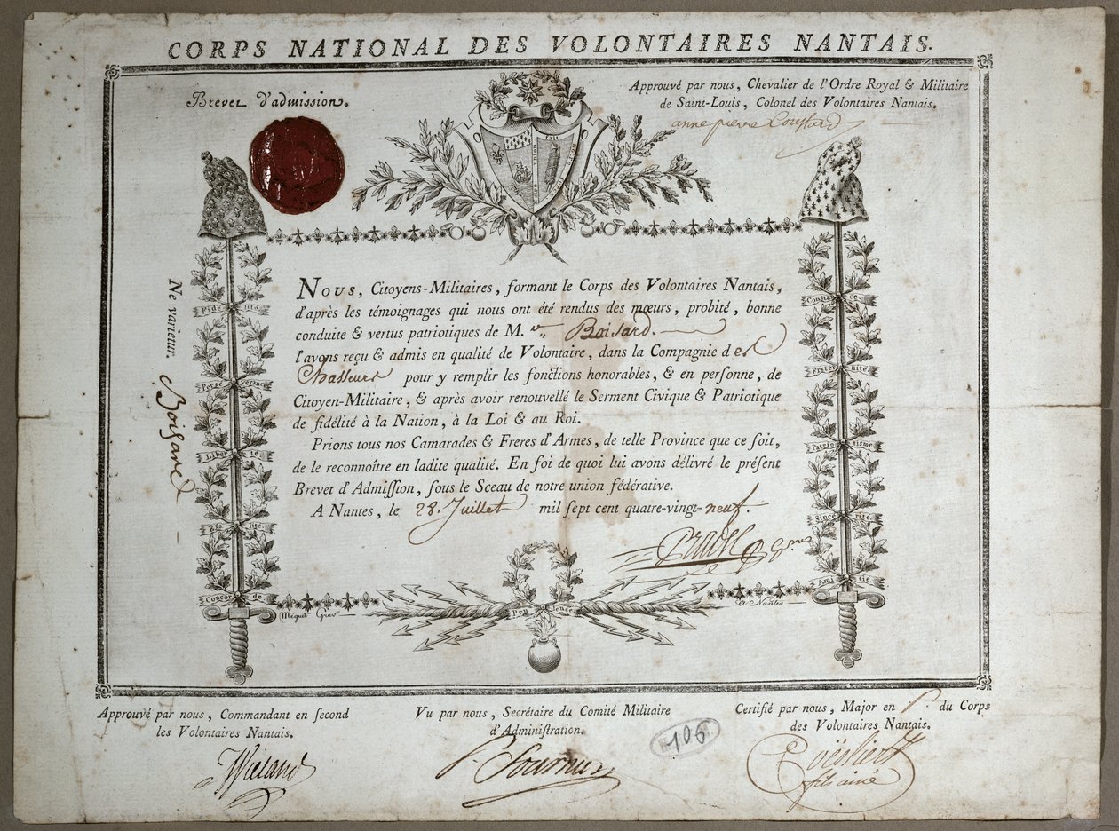 Osvědčení o přijetí do Národní gardy dobrovolníků v Nantes, 1789 od French School