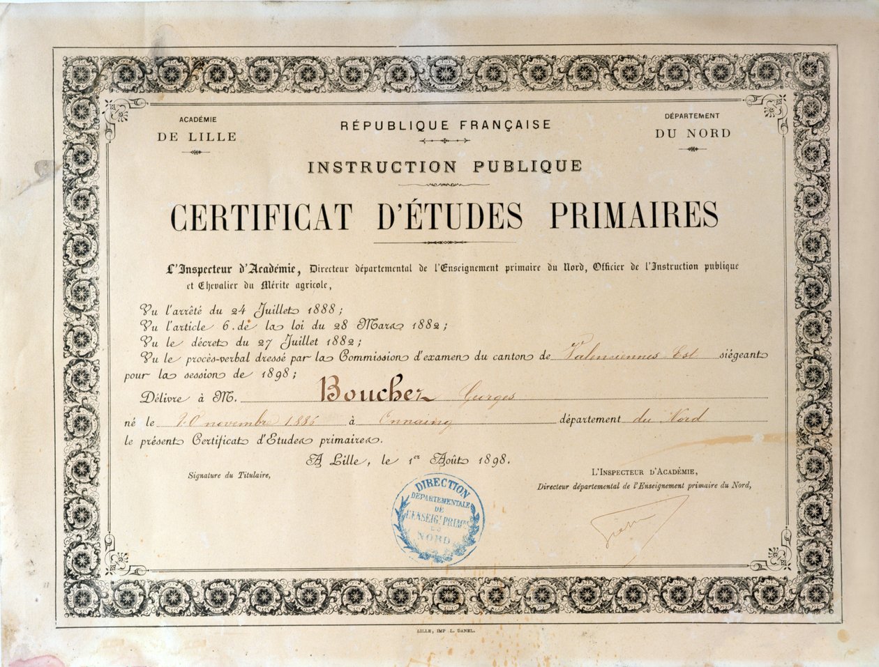 Vysvědčení o základním vzdělání, Academie de Lille, 1898 (inkoust na papíře) od French School