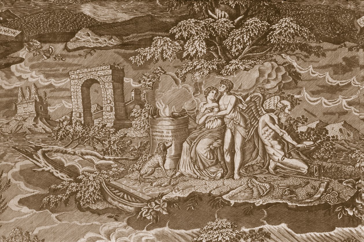 Potah na židli s nápisy ve francouzštině, c.1811 (na válečku potištěná bavlna) od French School