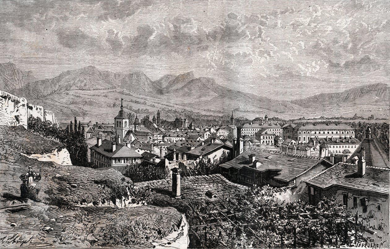 Chambery - Savoie - rytina v „La France illustree: geografie, historie, statistická správa“ od V.A. Sladově hnědá. 1884 od French School