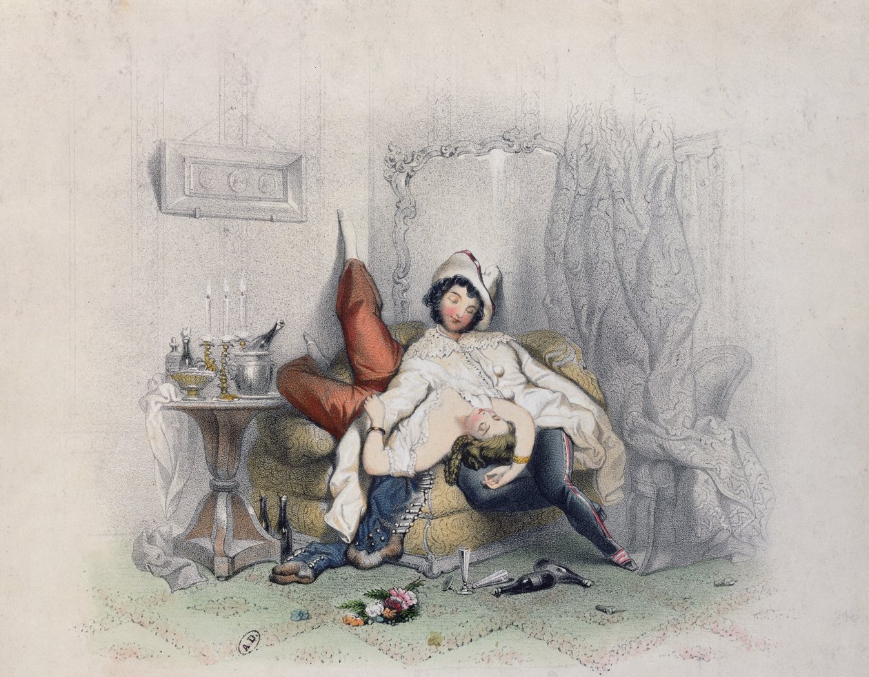 Champagne & Love, zamilovaný pár, který usnul po své šesté láhvi šampaňského, vyryl Bettannier Freres, Paříž, 1852 od French School