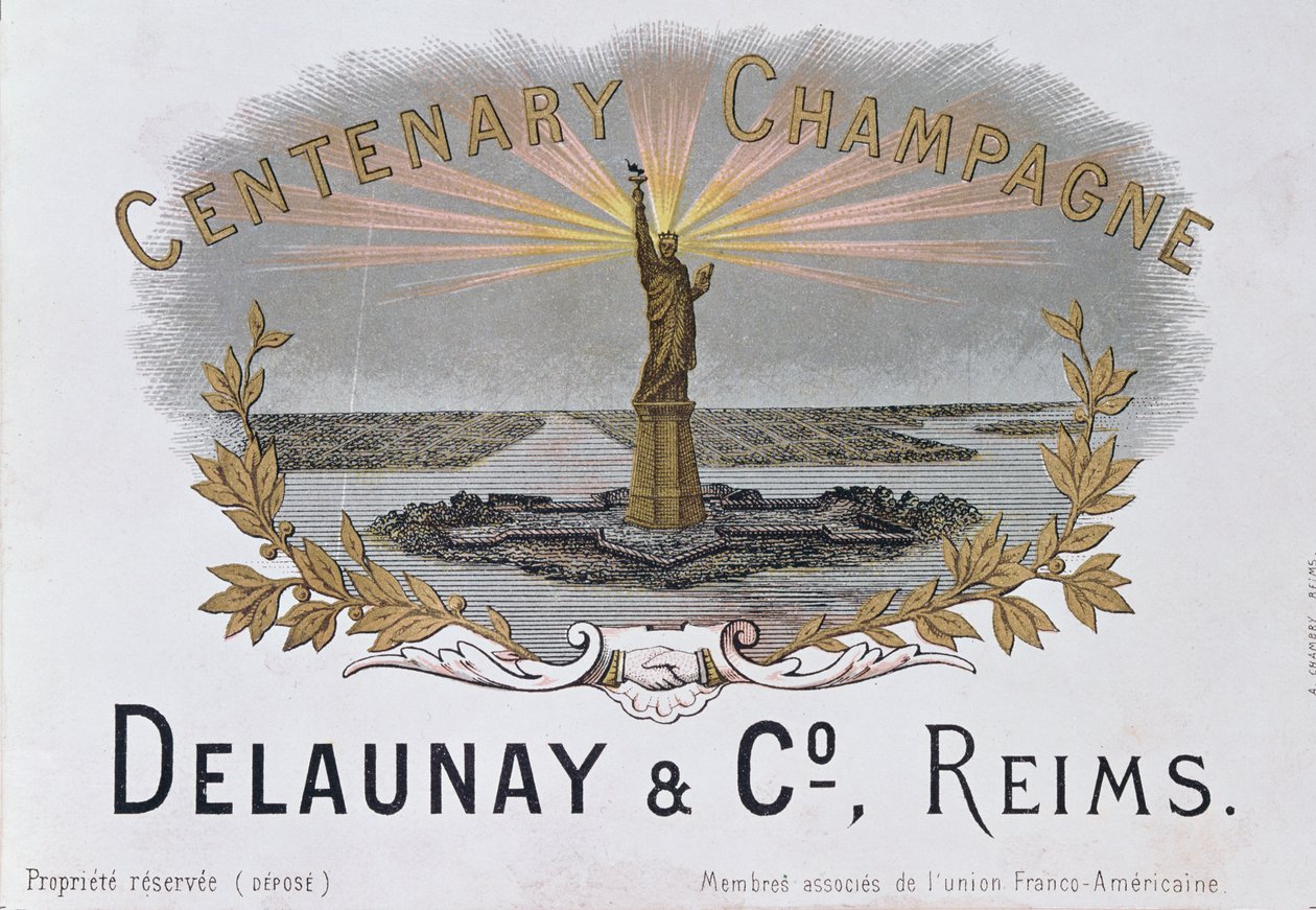 Štítek šampaňského z domu Delaunay & Co. oslavující sté výročí americké nezávislosti a zobrazující Sochu svobody, kolem roku 1876 od French School