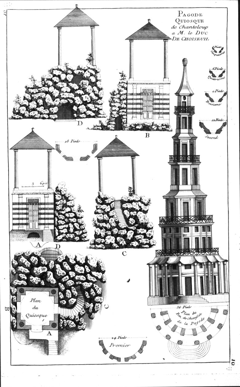 Chanteloup Pagoda, z Details des Nouveaux Jardins a la Mode od George Louise le Rouge, vydáno kolem roku 1770-87 od French School