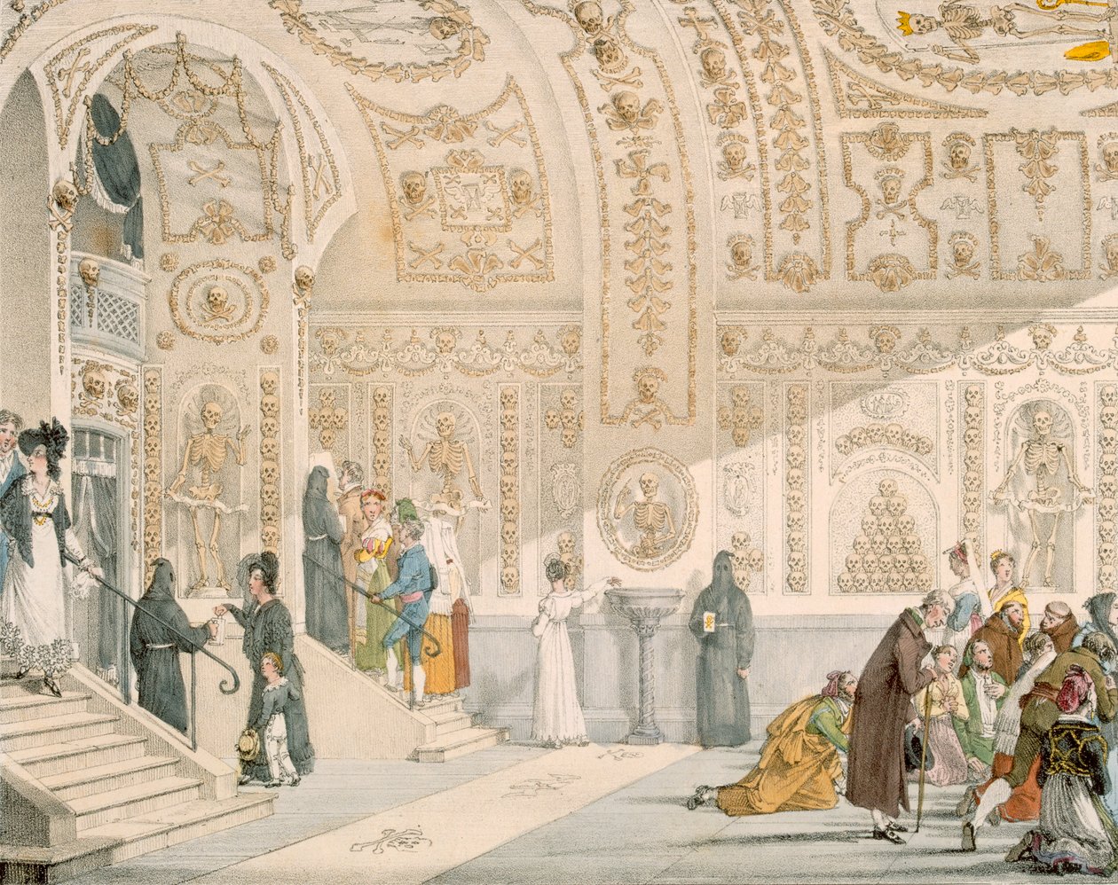 Kaple mrtvých, ryl Villain, hospoda. 1820 (barevné rytí) od French School