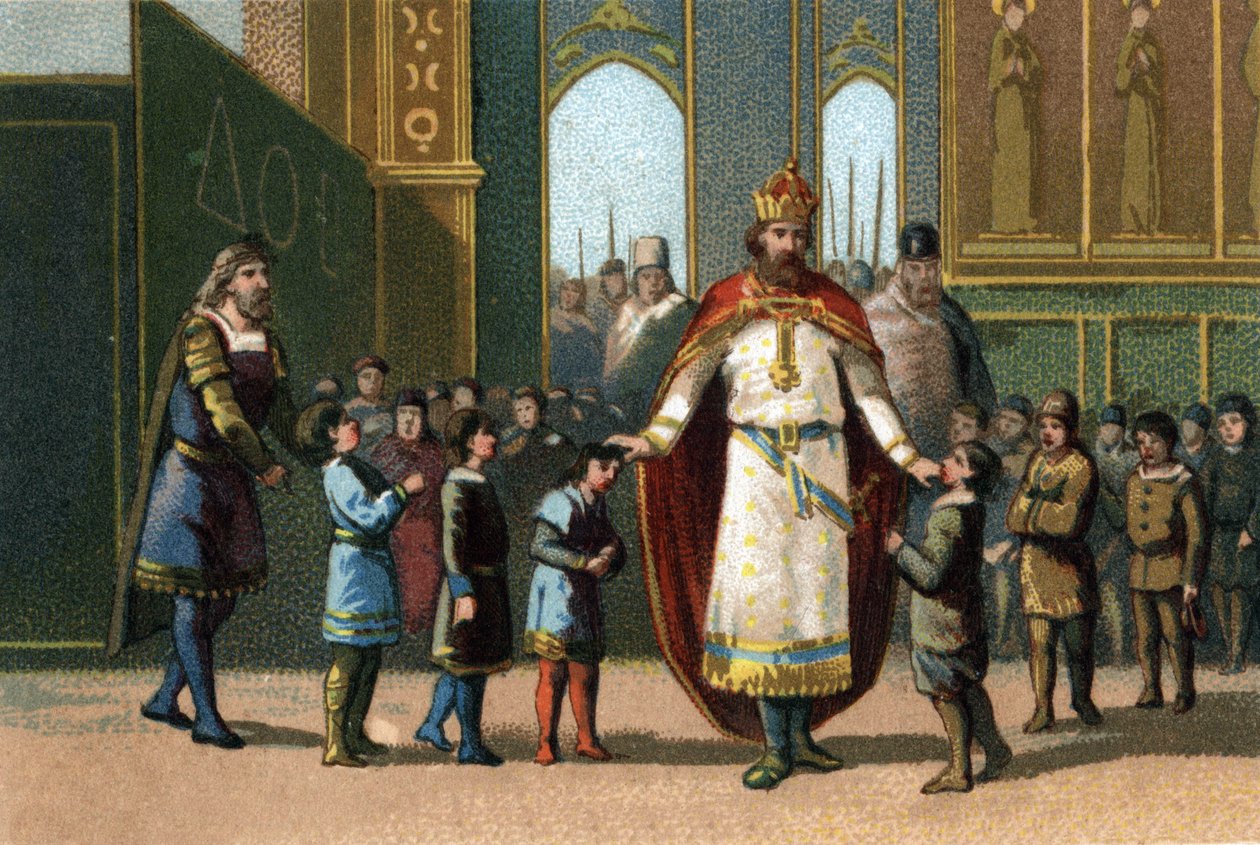 Charlemagne, král Francie od 768 do 814 zakladatel školy dohlíží na hodiny. Chromolitografie kolem roku 1890. od French School