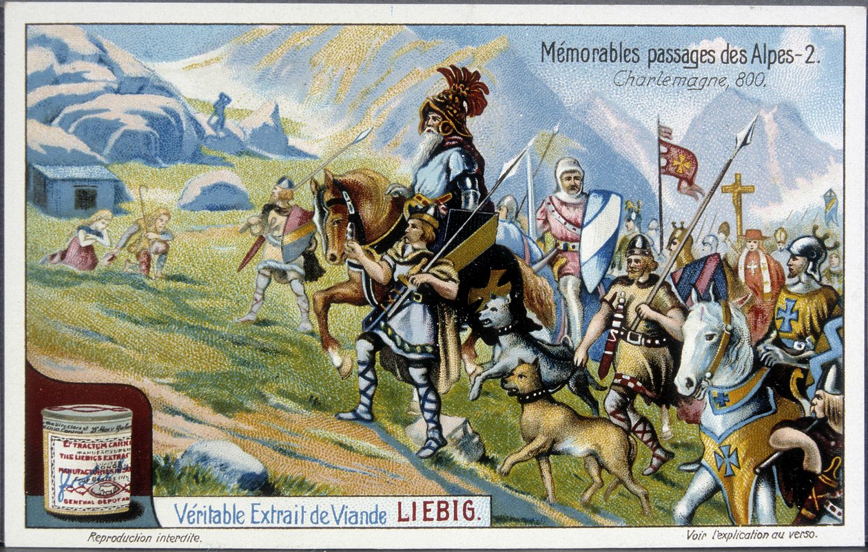 Karel Veliký a jeho armáda překročili Alpy v roce 800 - Liebigova chromolitografie, počátek 20. století. od French School