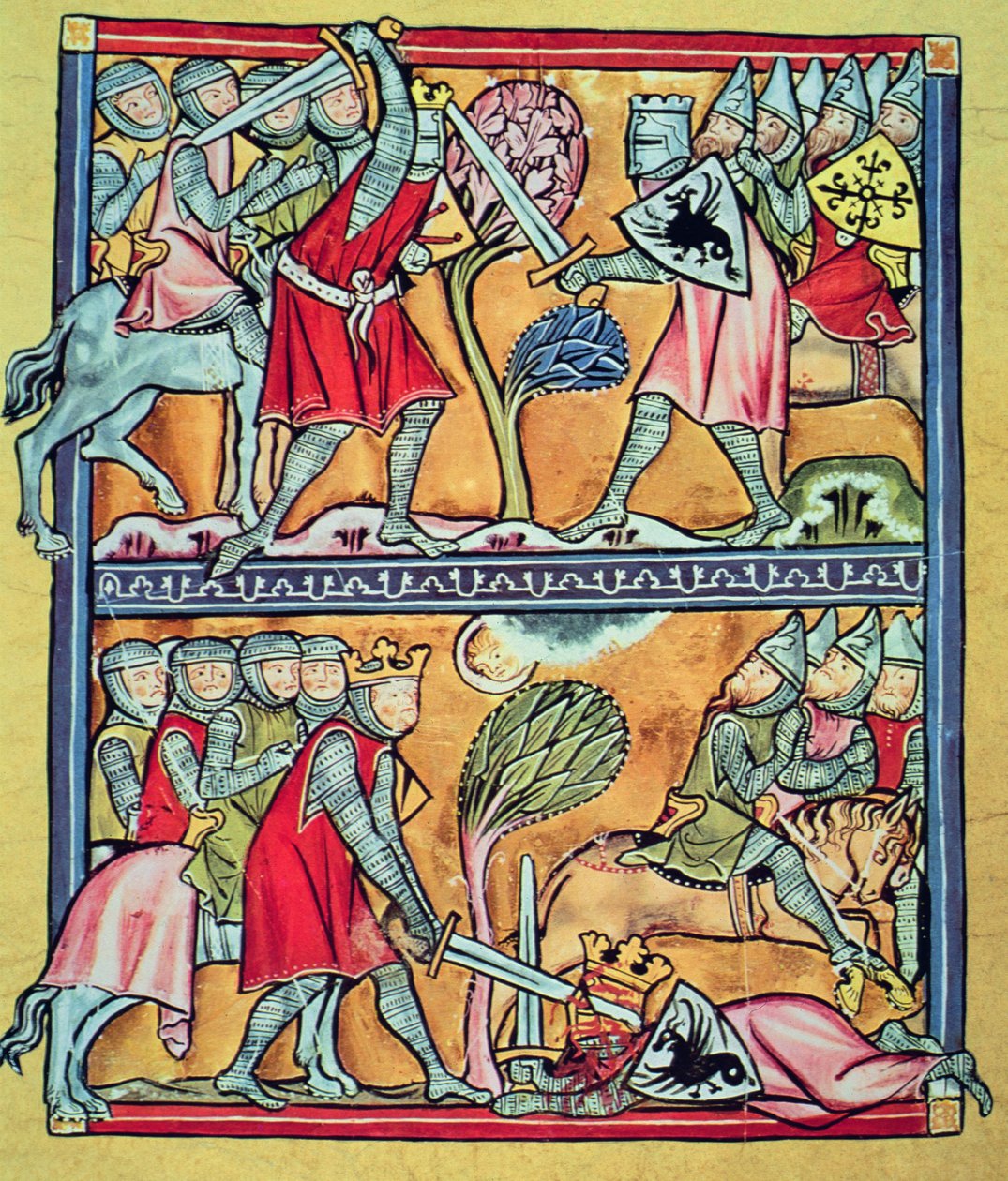 Karel Veliký a jeho paladinové v boji proti Saracénům, miniatura z „Karla Velikého a jeho paladinů“ (vellum) od French School