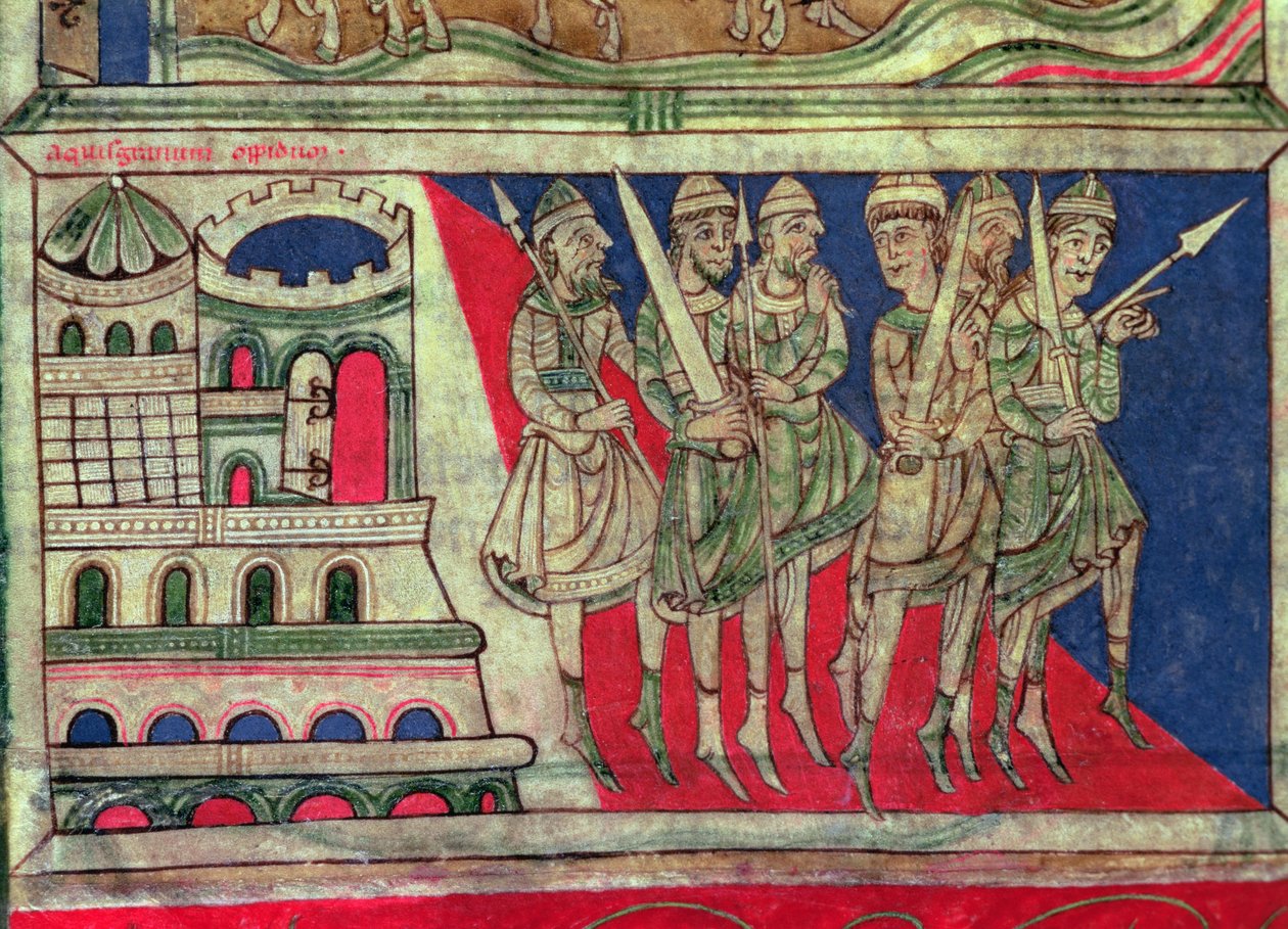 Karel Veliký opouští Cáchy a cestuje do Santiaga de Compostela, miniatura z 