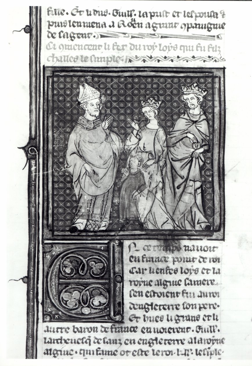 Karel III. (879-929) Prostý s manželkou a synem Ludvíkem IV. (921-954), Grandes Chroniques de France, 1375-79 od French School