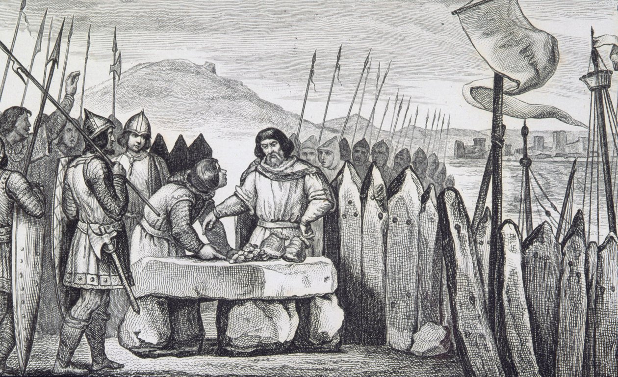 Tlustý Karel III (839-88) vyplácí vikingské nájezdníky v roce 886, z „Histoire de France“ od Colarta, vydaného kolem roku 1840 (rytina) od French School