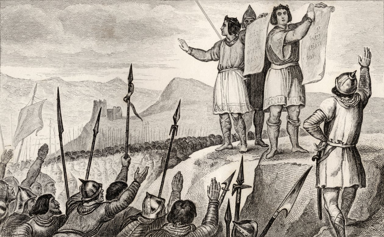 Karel II. (823-77) Holý a jeho bratr Ludvík Němec uzavírají smlouvu ve Štrasburku v roce 842, z Colartovy knihy "Histoire de France", vydané kolem roku 1840. od French School