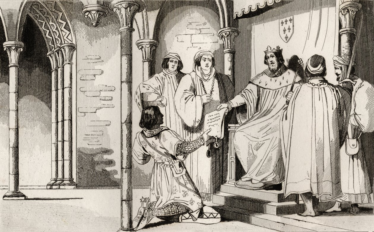 Karel IV. (1294-1328) Pohledný dostává žalobu u soudu, z „Histoire de France“ od Colarta, vydáno kolem roku 1840 (rytina) od French School
