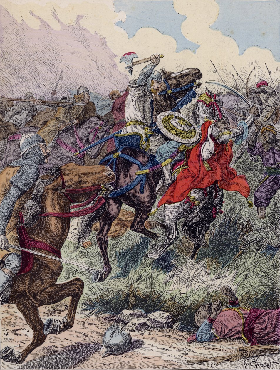Karel Martel v bitvě u Poitiers, 732 (barevná litografie) od French School