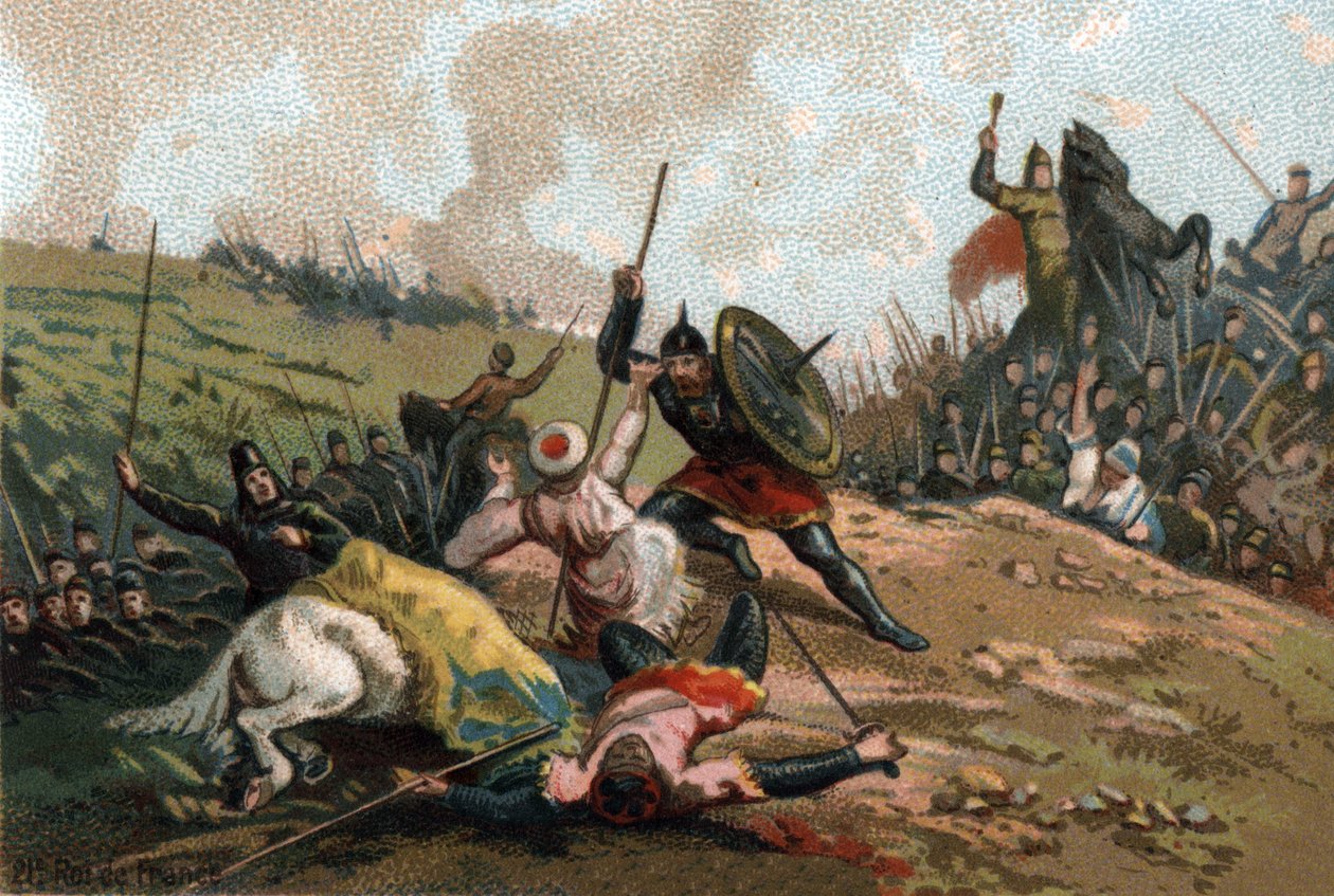 Charles Martel zastavil invazi a zabil vůdce Armee Abd al-Rahman I nebo Abderamane I (Abd al-Rahman) (731-788), vůdce Saracénů. Chromolitografie kolem roku 1890. od French School