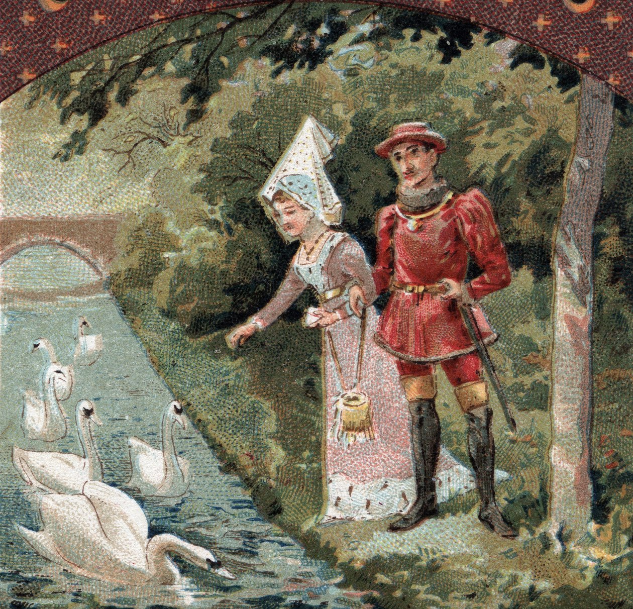 Karel VII. (1403-1461) se svou oblíbenkyní Agnes Sorel (známou jako paní z Beaute sur Marne (Beaute-sur-Marne) (1422-1450) krmí labutě v parku zámku Savigny sur Orge (Savigny-sur -Orge) Chromolitografie konce 19. století od French School